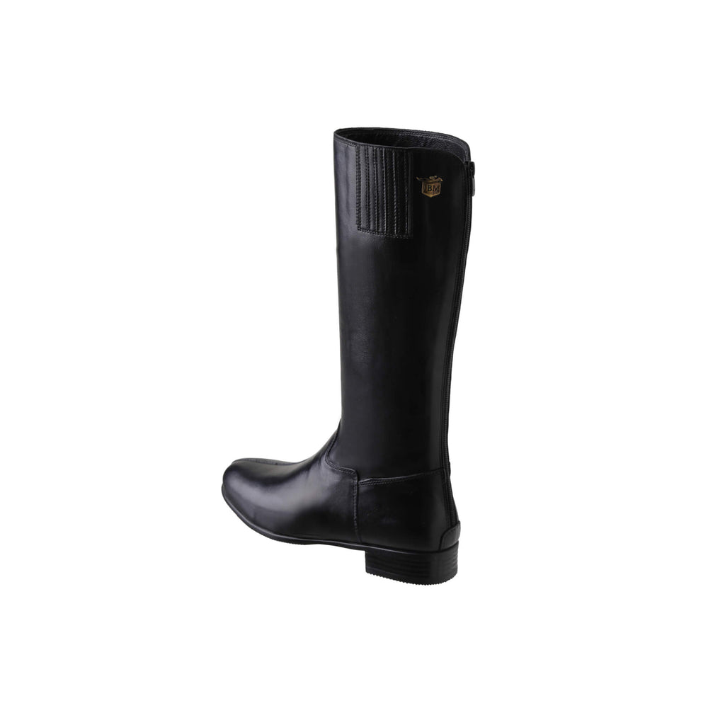 A side back view of a black tall leather boot featuring a back zip and a 1.5 - 2cm ability to loosen the calf area if required, against a white background.