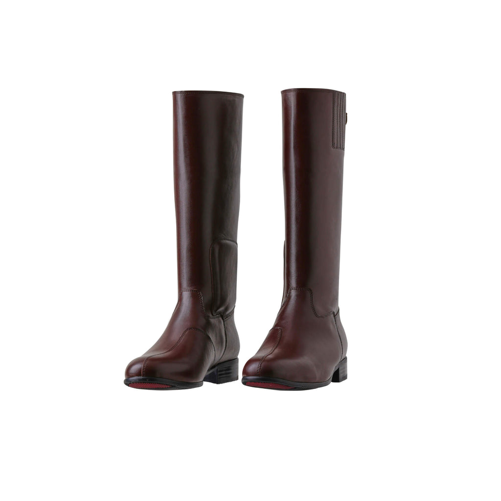 A pair of tall brown leather boots with a back zip and a 1.5-2cm stretch feature on the calf area. Displayed against a white background, both shoes are positioned sole down with the zipper done, angled slightly to one side.