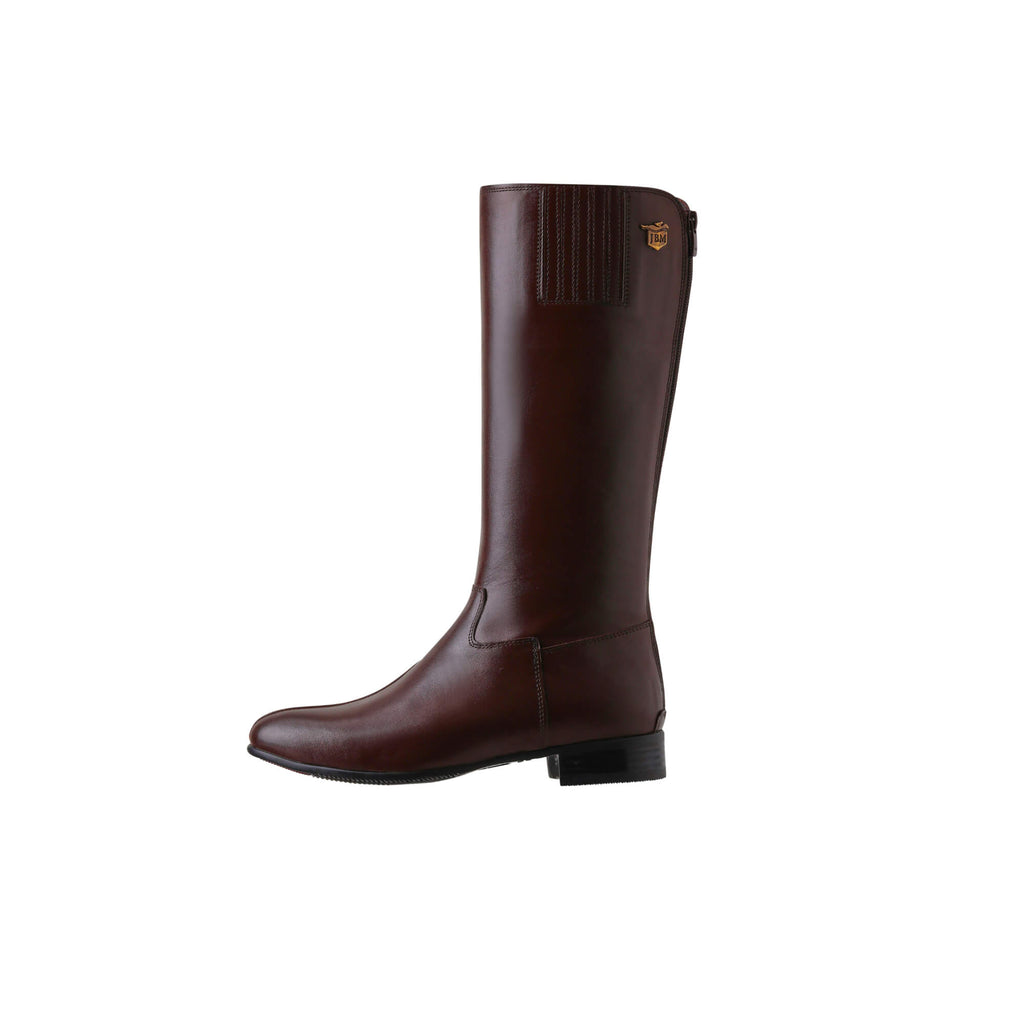 A single tall brown leather boot with a back zip and a 1.5-2cm stretch feature on the calf area. Displayed against a white background, this image only showcases the boot from a side perspective.