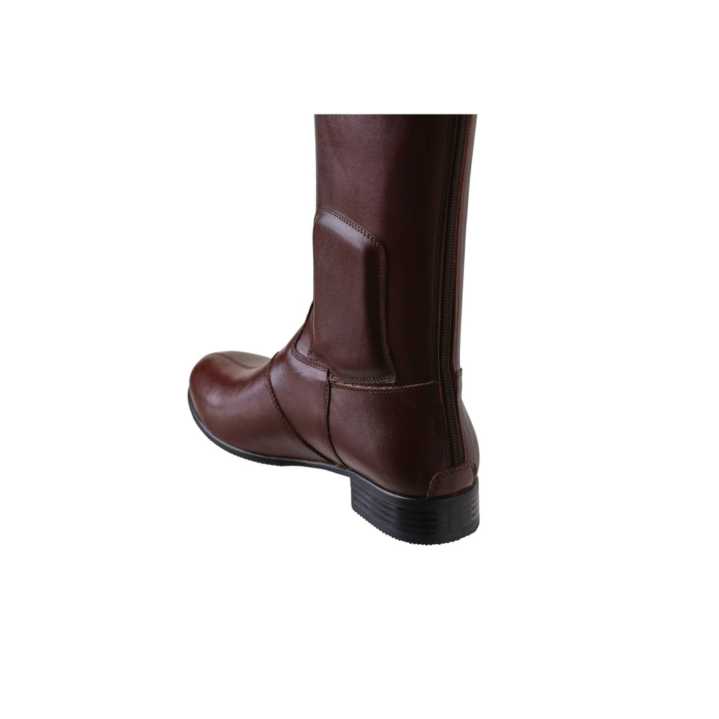 A single tall brown leather boot with a back zip and a 1.5-2cm stretch feature on the calf area. Displayed against a white background, this image only showcases the boot from the back perspective.