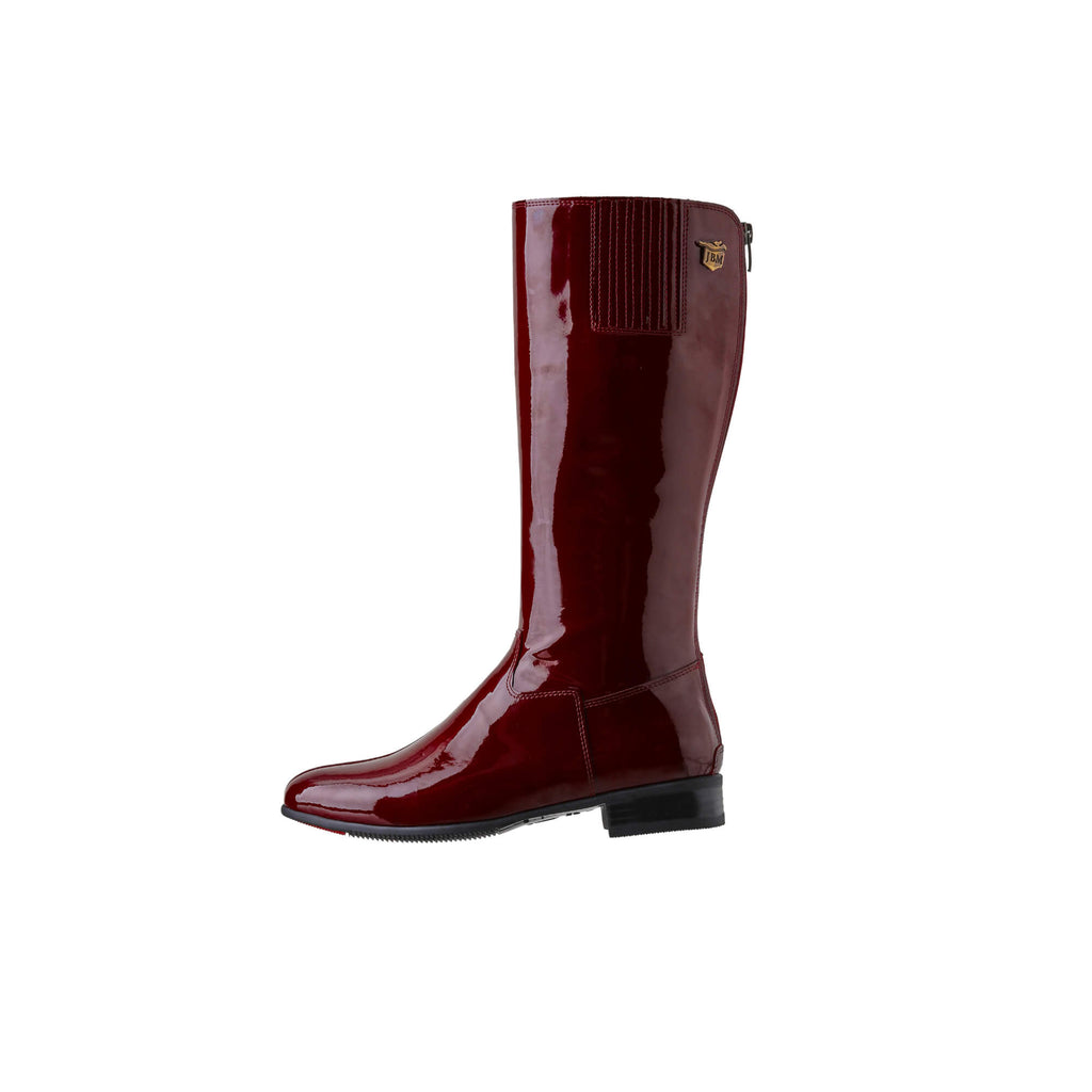 A tall burgundy patent leather boot with a back zip and a 1.5-2cm stretch feature on the calf area. Displayed against a white background, the image only showcases one boot from a side perspective.