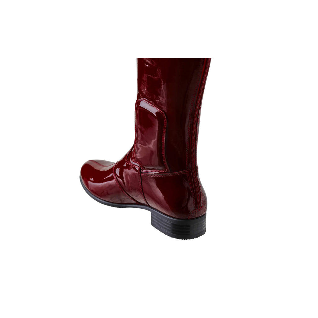 A tall burgundy patent leather boot with a back zip and a 1.5-2cm stretch feature on the calf area. Displayed against a white background, this image only displays one boot showcased from the back perspective.