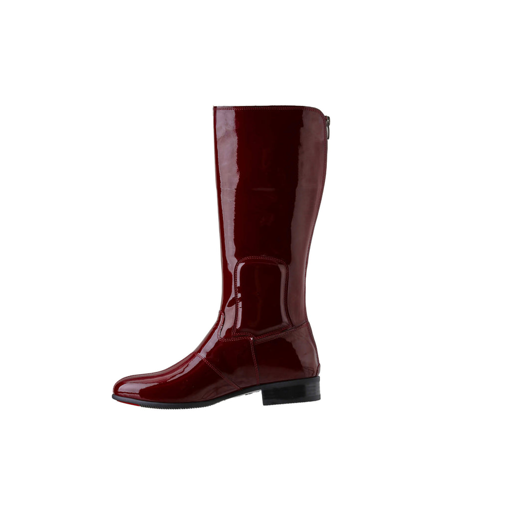 A tall burgundy patent leather boot with a back zip and a 1.5-2cm stretch feature on the calf area. Displayed against a white background, the image only showcases one boot from a side perspective.