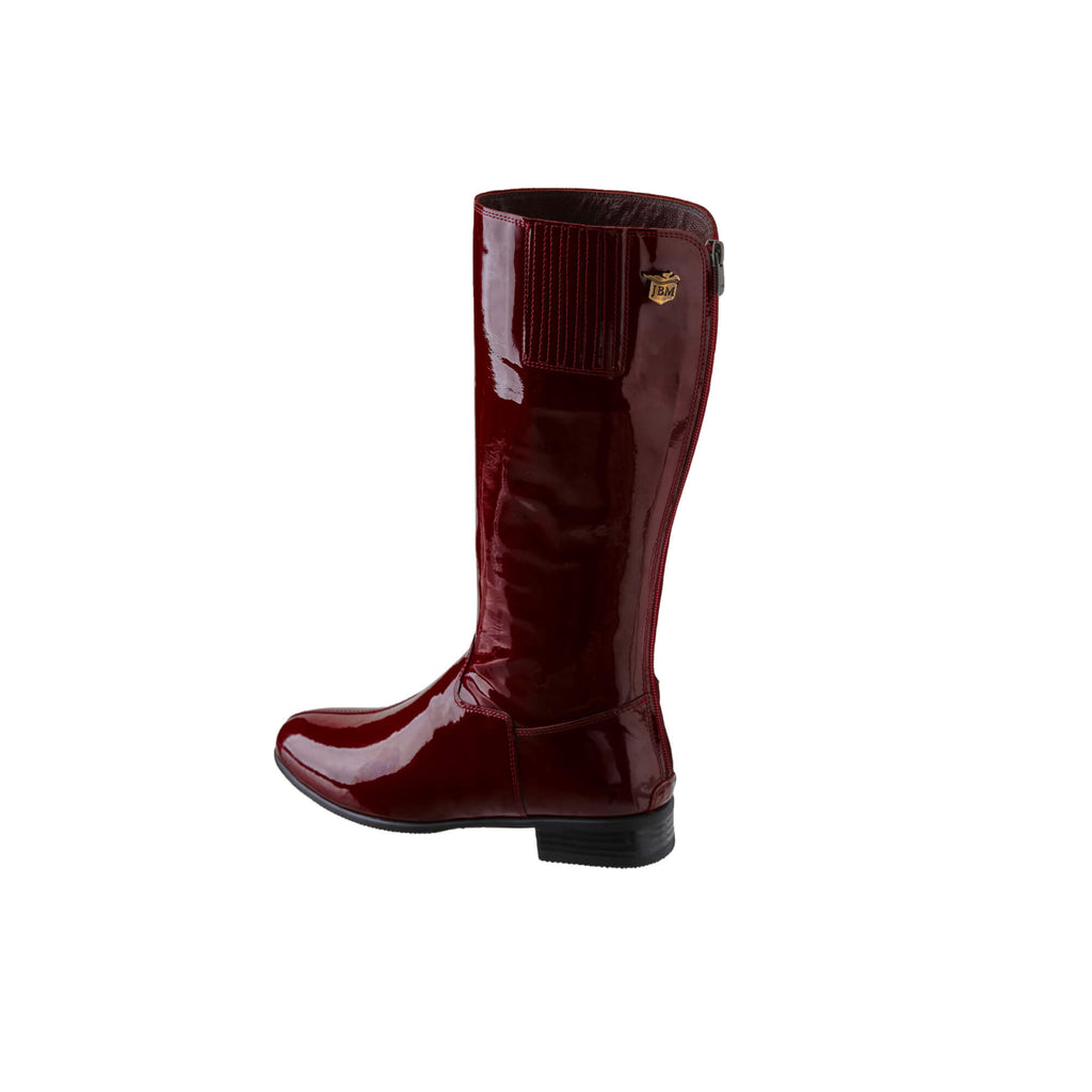 A tall burgundy patent leather boot with a back zip and a 1.5-2cm stretch feature on the calf area. Displayed against a white background, the image only showcases one boot from a side back perspective.