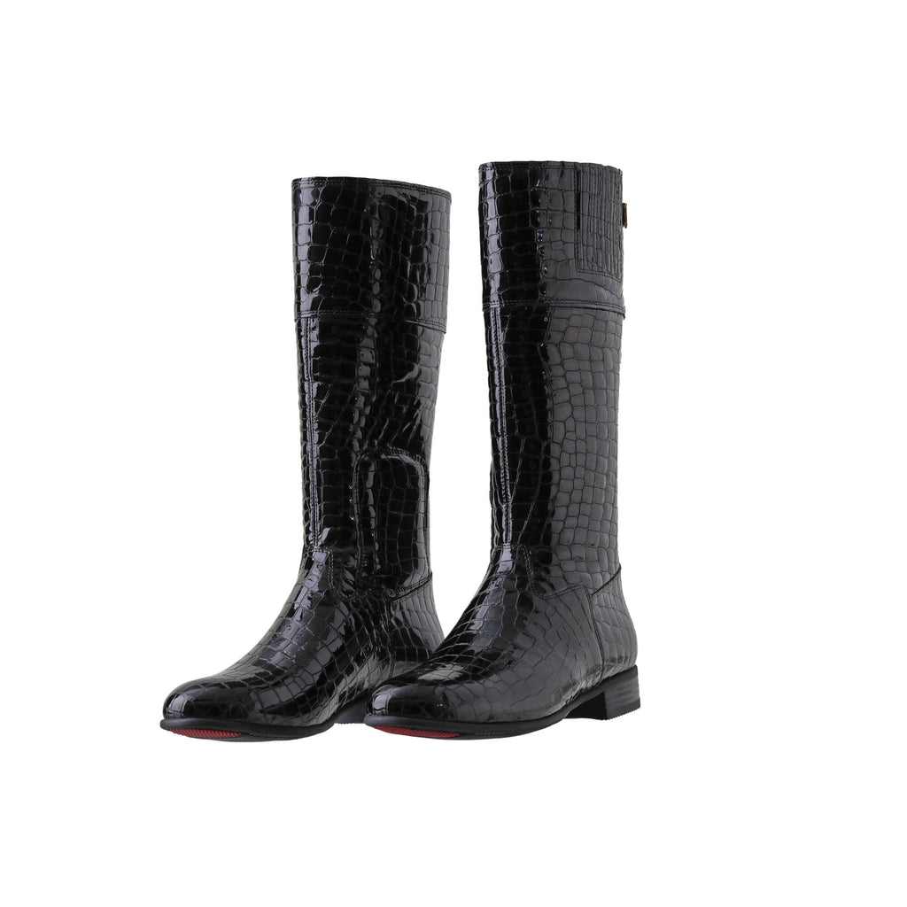 A pair of tall boots, black crocodile leather, with a back zip and a 1.5-2cm stretch feature on the calf area, displayed against a white background. Both shoes are positioned sole down with the zipper done, and the angle of the boots slightly positioned to one side.