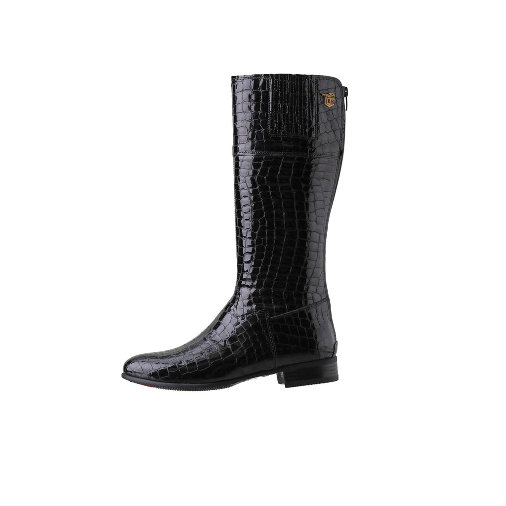 A side view of a tall black crocodile leather boot with a back zip and a 1.5-2cm stretch feature on the calf area, displayed against a white background.