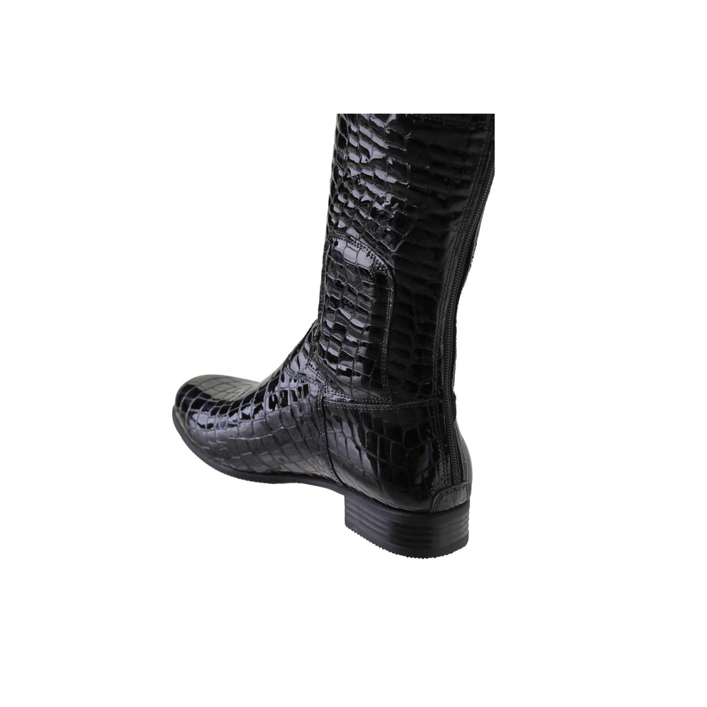 A back view of a tall black crocodile leather boot with a back zip and a 1.5-2cm stretch feature on the calf area, displayed against a white background.