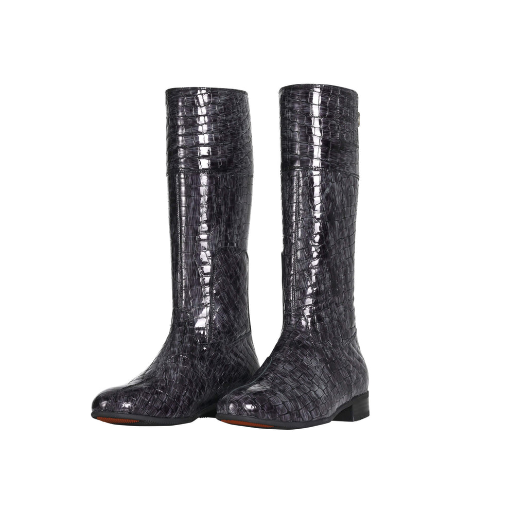 A pair of tall boots, grey crocodile pattern, with a back zip and a 1.5-2cm stretch feature on the calf area, displayed against a white background. Both shoes are positioned sole down with the zipper done, and the angle of the boots slightly positioned to one side.