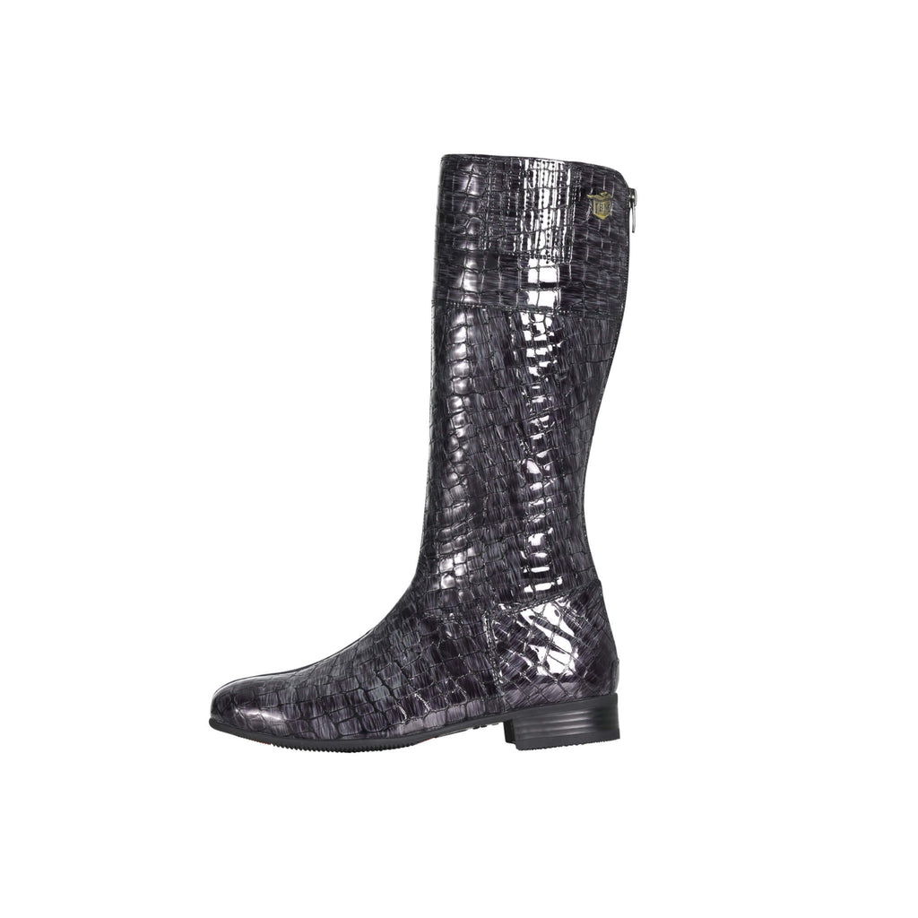 A side view of a tall grey crocodile pattern boot with a back zip and a 1.5-2cm stretch feature on the calf area, displayed against a white background.