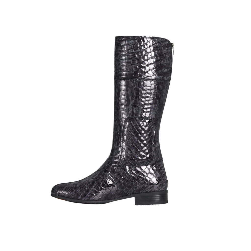 A side view of a tall grey crocodile pattern boot with a back zip and a 1.5-2cm stretch feature on the calf area, displayed against a white background.