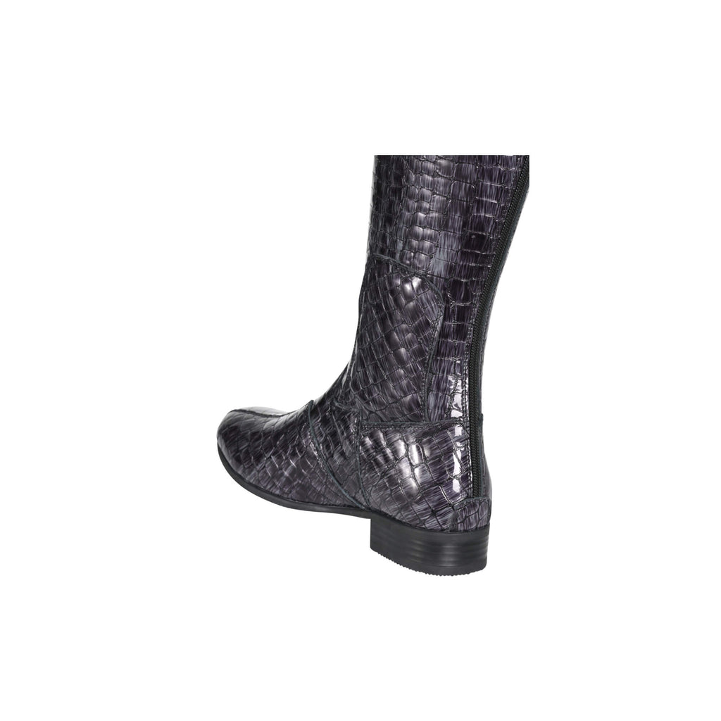 A bottom back view of a tall grey crocodile pattern boot with a back zip and a 1.5-2cm stretch feature on the calf area, displayed against a white background.