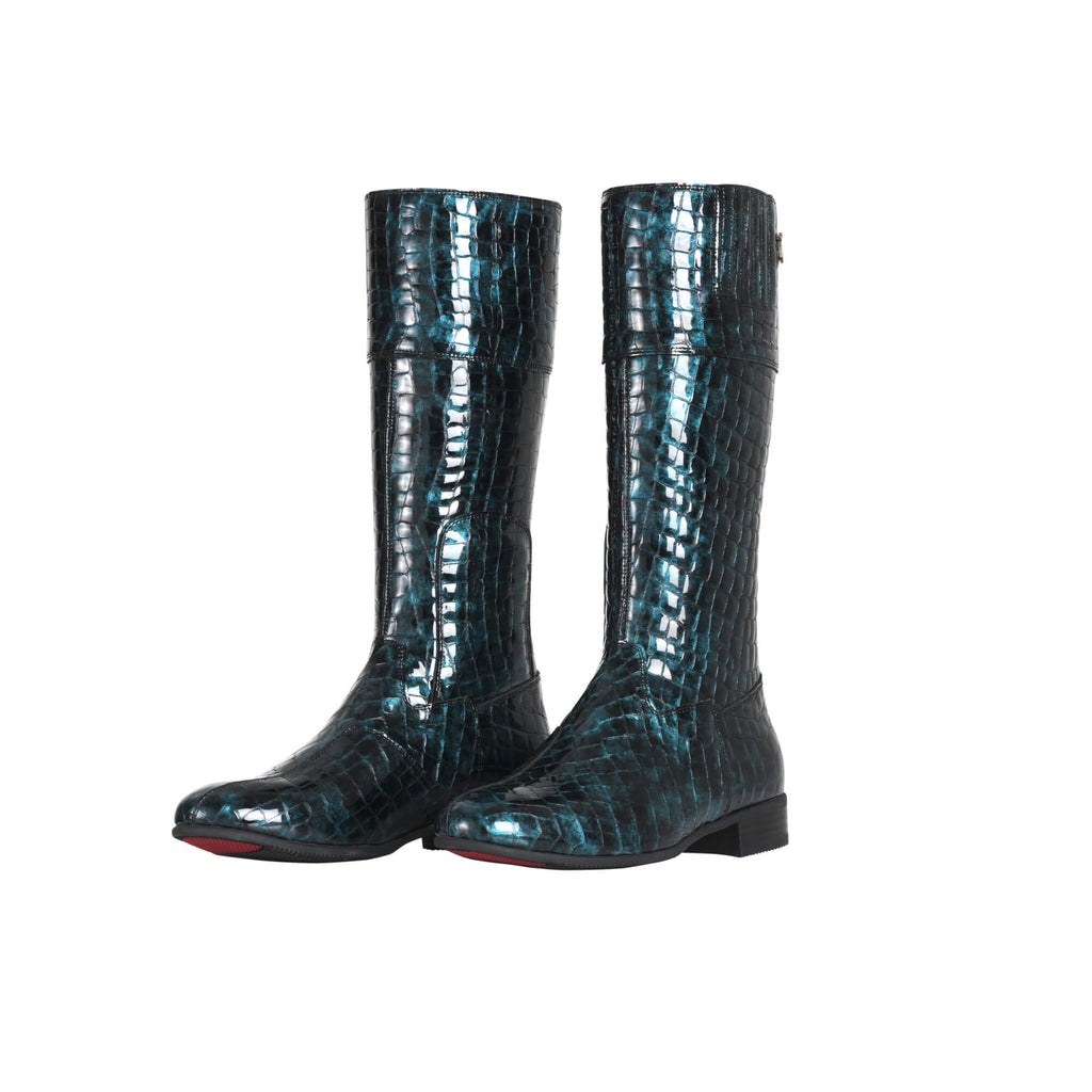 A pair of tall boots, ocean green crocodile pattern, with a back zip and a 1.5-2cm stretch feature on the calf area, displayed against a white background. Both shoes are positioned sole down with the zipper done, and the angle of the boots slightly positioned to one side.