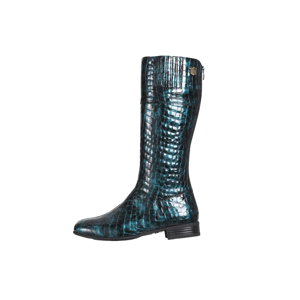 A side view of a tall ocean green crocodile pattern boot with a back zip and a 1.5-2cm stretch feature on the calf area, displayed against a white background.