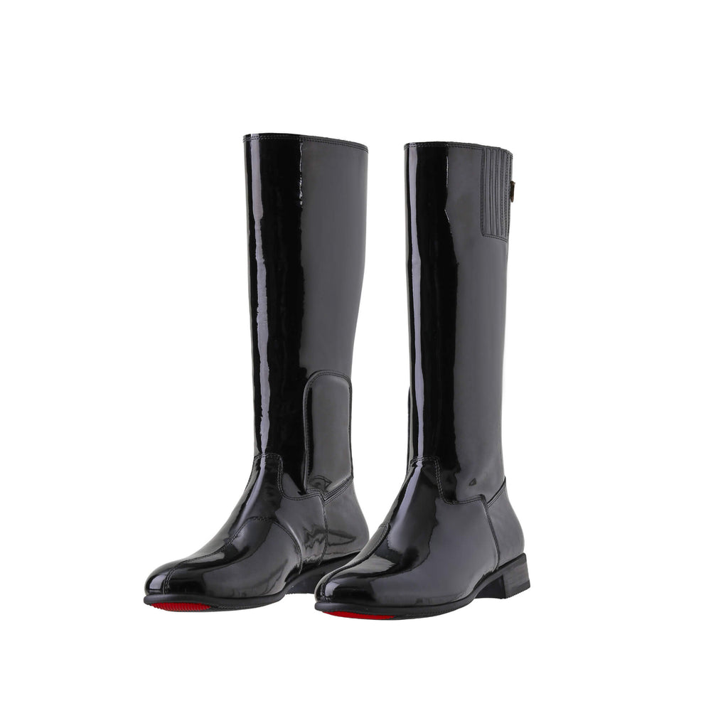 A pair of tall black patent leather boots displayed against a white background. Both shoes are positioned sole down with the zippers done, showcasing the 1.5-2cm stretch feature on the calf area.