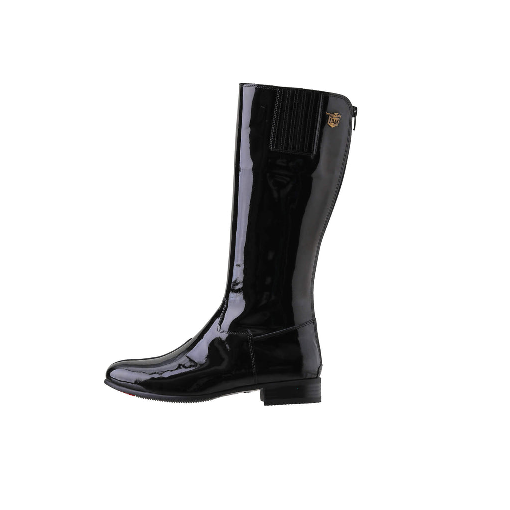 A single tall black patent leather boot displayed against a white background, featuring a back zip and a 1.5-2cm stretch feature on the calf area, shown from a side perspective.