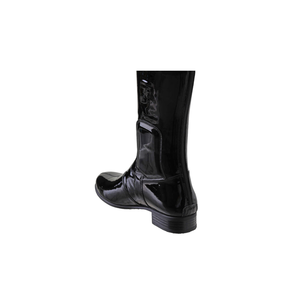 A single tall black patent leather boot displayed against a white background, featuring a back zip and a 1.5-2cm stretch feature on the calf area, shown from a back perspective.