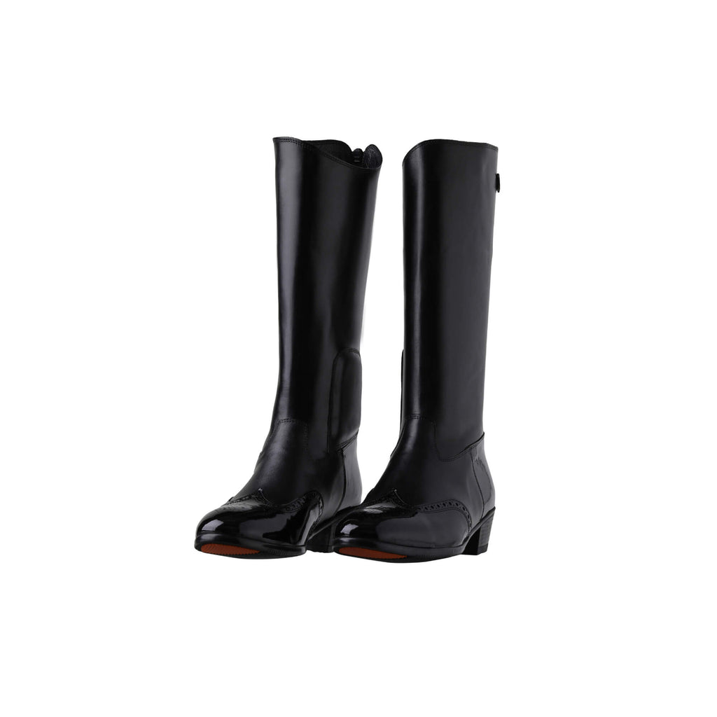 Tall black leather Cuban heel boots with black wingtip-style accents. They feature a back zip and are displayed against a white background. Both shoes are positioned sole down, with the zipper done and the angle slightly positioned to one side.