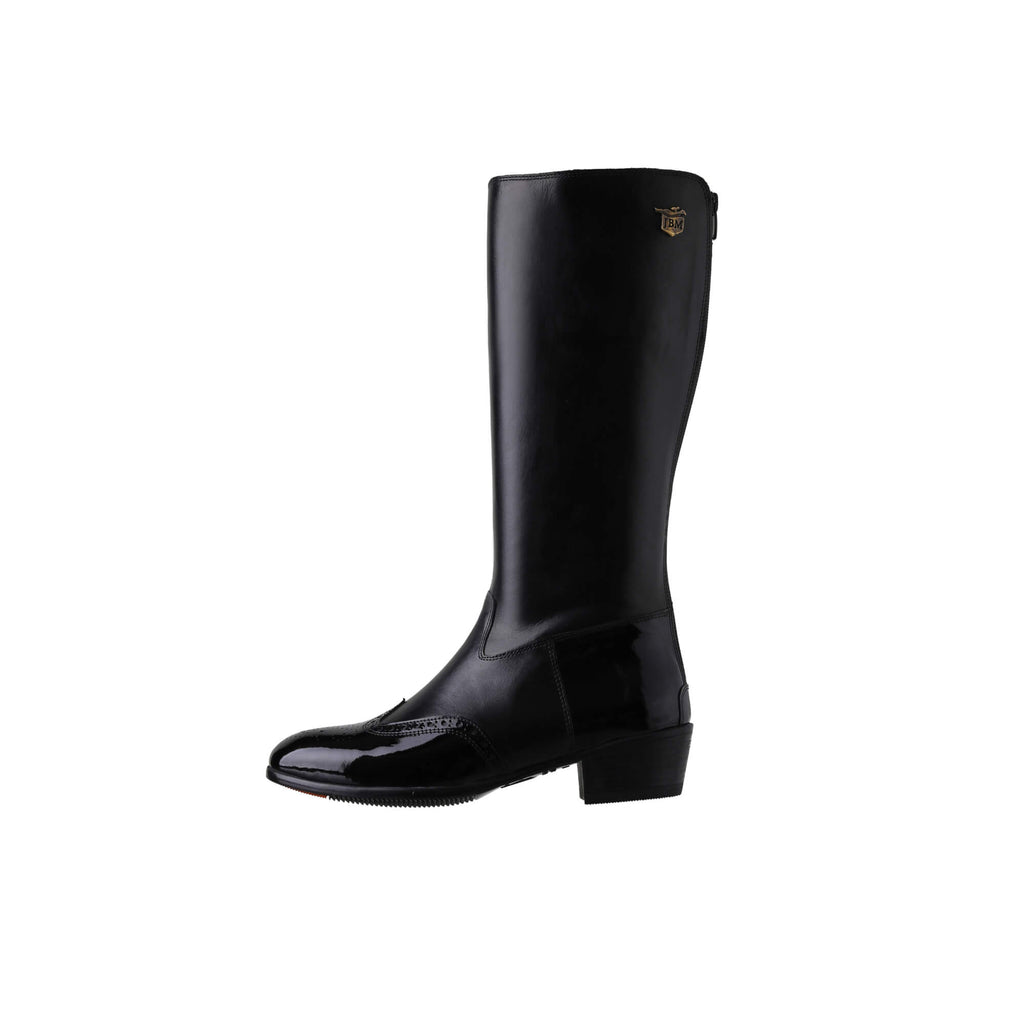 Tall black leather Cuban heel boot with black wingtip-style accents. It features a back zip and is displayed against a white background. This image only showcases one boot from a side perspective.