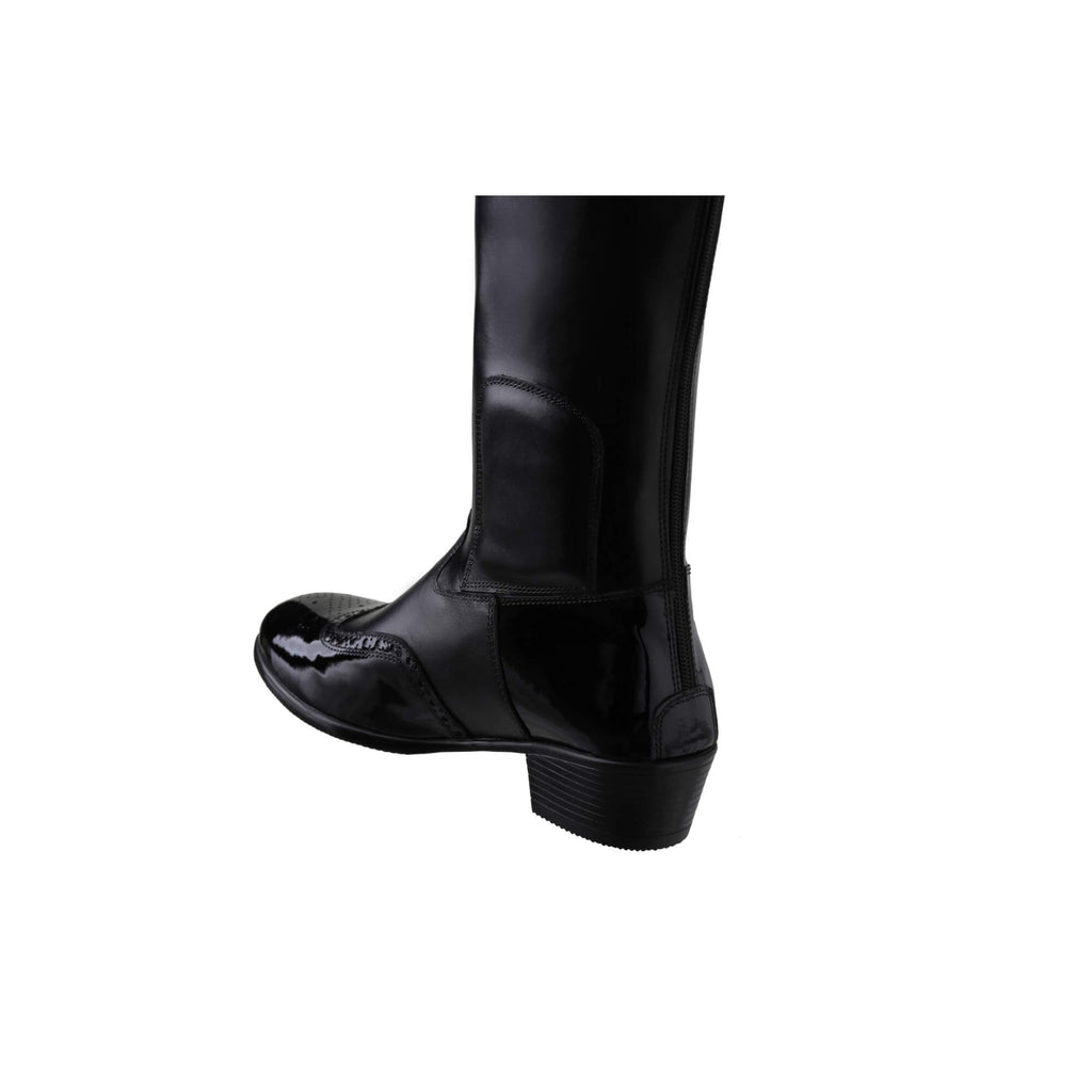 Tall black leather Cuban heel boot with black wingtip-style accents. It features a back zip and is displayed against a white background. This image only displays one boot showcased from the back perspective.