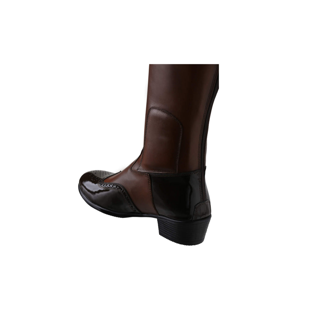 A tall brown leather Cuban heel boot with brown wingtip accents displayed against a white background. The image shows only one boot viewed from the back perspective, featuring a back zip.